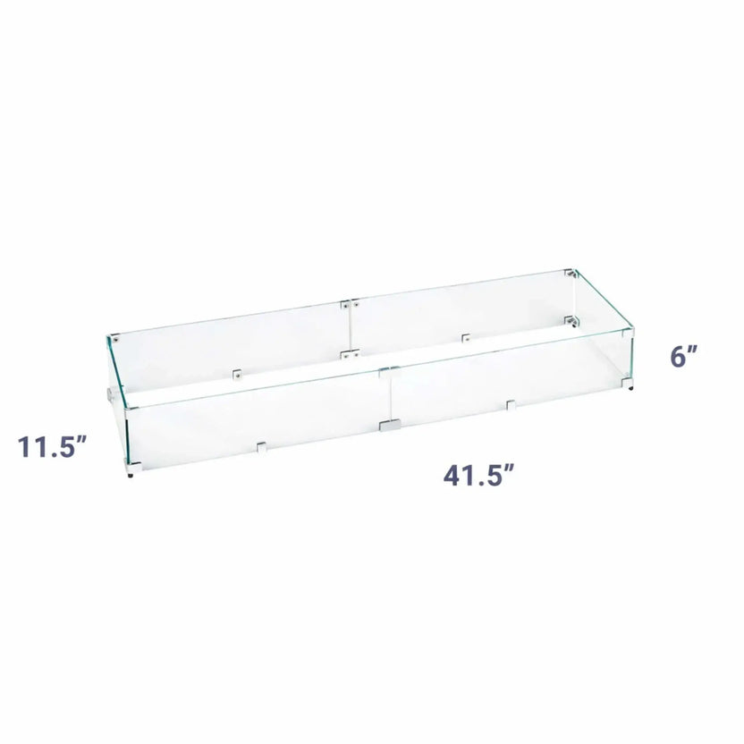 Dimensioned image of a linear tempered glass wind guard for fire pits, displaying a 41.5 inch length, 11.5 inch width, and 6 inch height, with clean measurement callouts for accurate sizing.