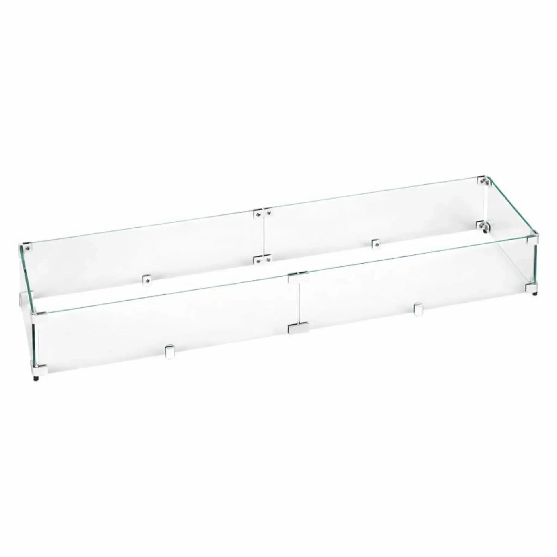 Rectangular tempered glass fire pit wind guard made from clear glass panels, supported by metal mounting hardware, shown fully assembled to provide wind protection without blocking flame visibility.