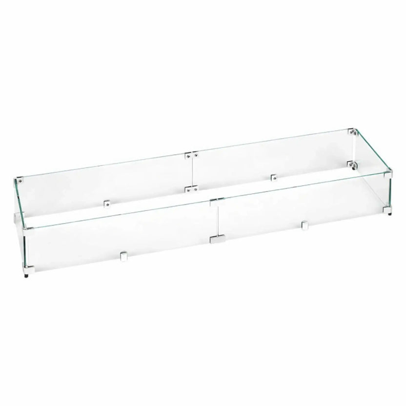 Rectangular tempered glass fire pit wind guard made from clear glass panels, supported by metal mounting hardware, shown fully assembled to provide wind protection without blocking flame visibility.