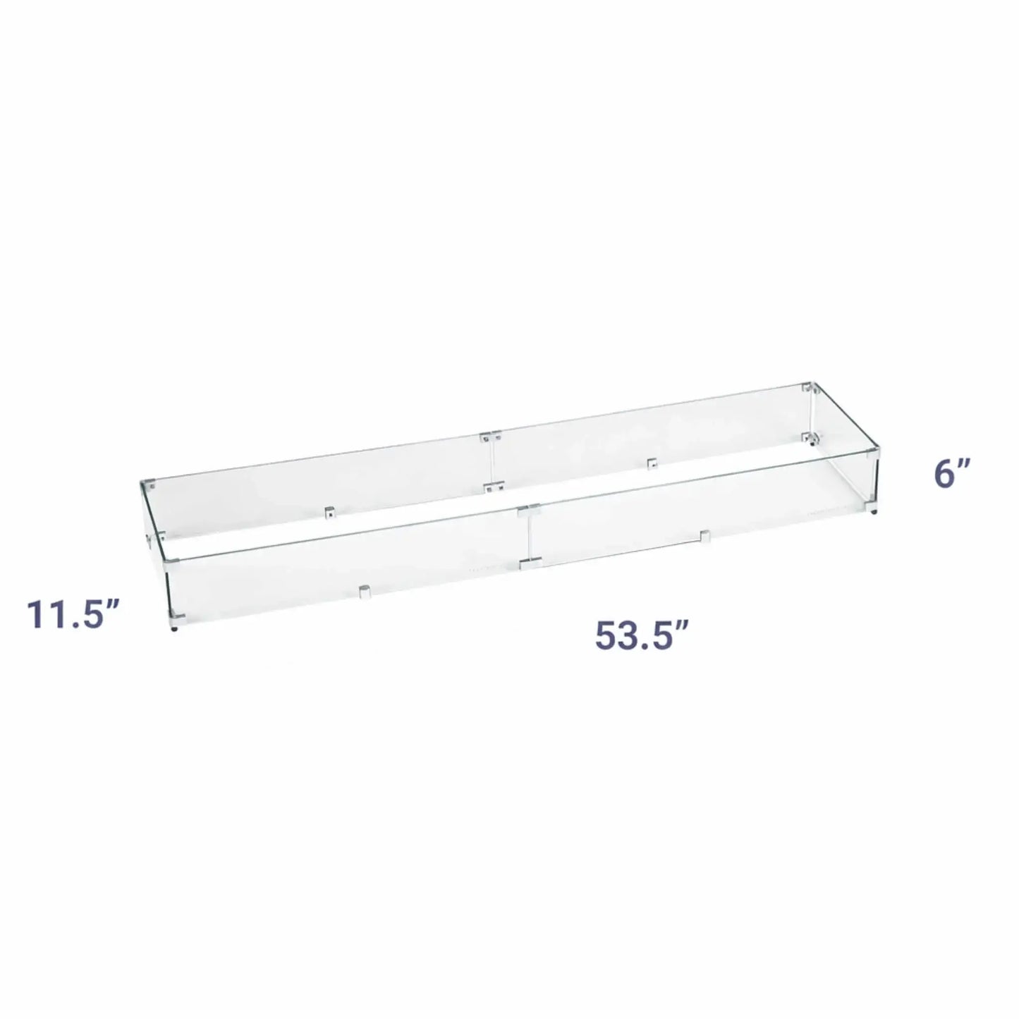 Linear fire pit glass wind guard shown with measurements, indicating a 53.5 inch length, 11.5 inch depth, and 6 inch height, ideal for covering extended rectangular burners.