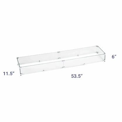 Linear fire pit glass wind guard shown with measurements, indicating a 53.5 inch length, 11.5 inch depth, and 6 inch height, ideal for covering extended rectangular burners.