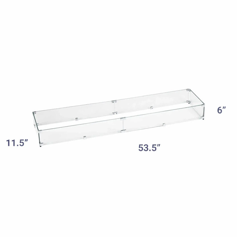 Linear fire pit glass wind guard shown with measurements, indicating a 53.5 inch length, 11.5 inch depth, and 6 inch height, ideal for covering extended rectangular burners.