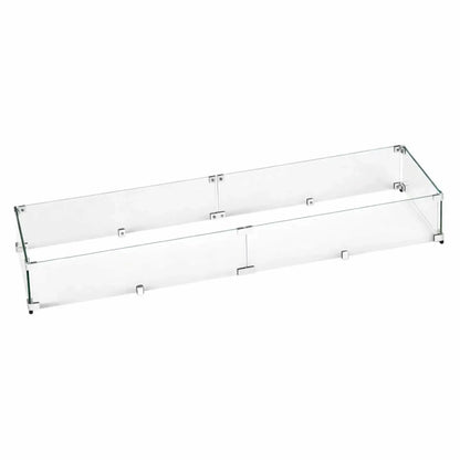 Extra-wide linear tempered glass wind guard featuring clear glass panels and precision metal brackets, designed for larger rectangular fire pits to shield flames while preserving a sleek, contemporary appearance.