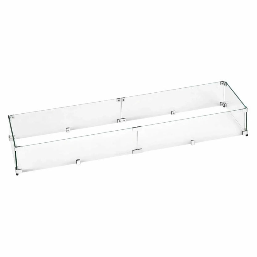 Extra-wide linear tempered glass wind guard featuring clear glass panels and precision metal brackets, designed for larger rectangular fire pits to shield flames while preserving a sleek, contemporary appearance.