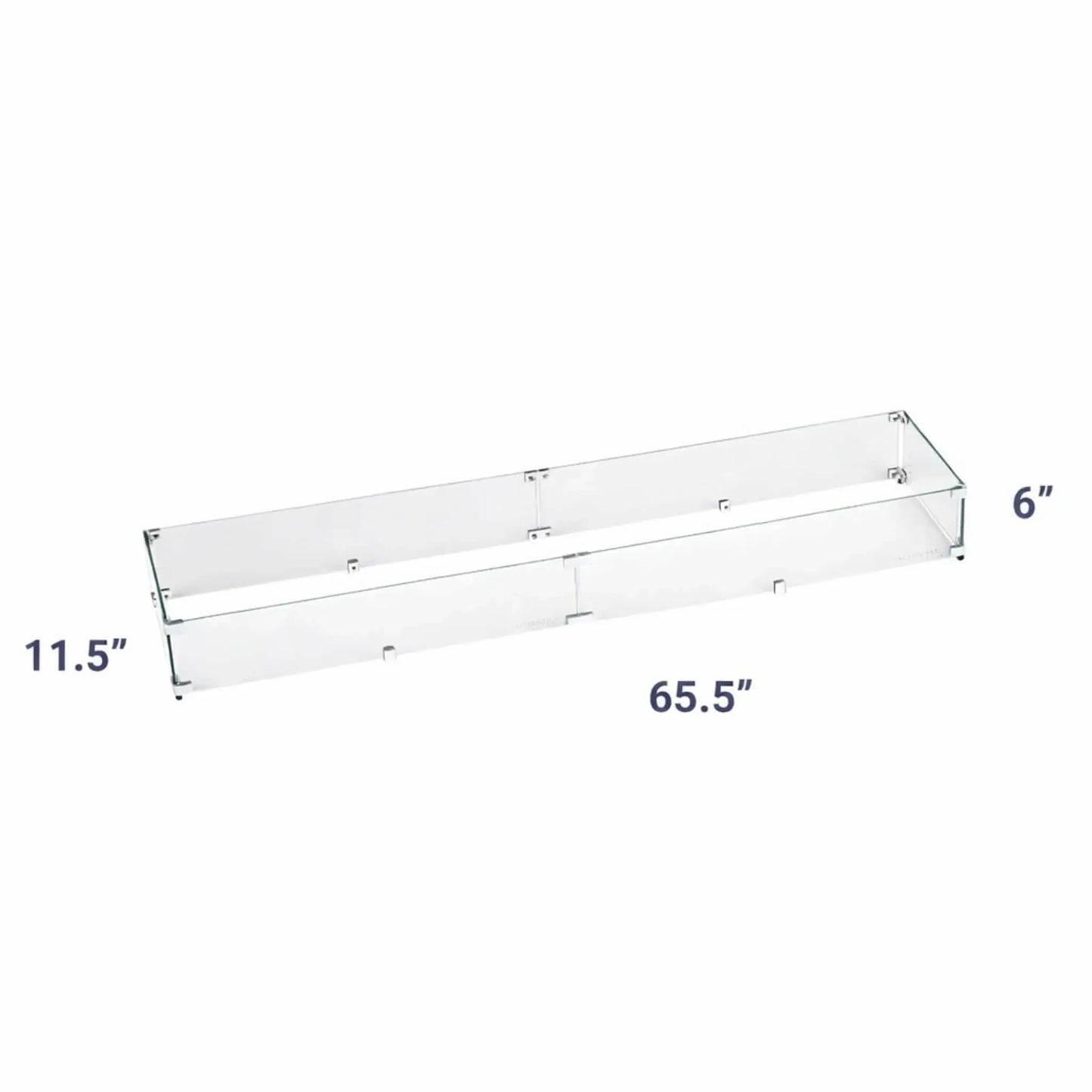 Measurement diagram of a 65.5 inch linear tempered glass wind guard for fire pits, showing an 11.5 inch width and 6 inch height, with clear dimension labels for installation planning.