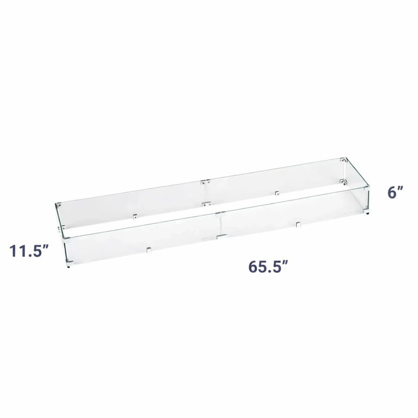 Measurement diagram of a 65.5 inch linear tempered glass wind guard for fire pits, showing an 11.5 inch width and 6 inch height, with clear dimension labels for installation planning.