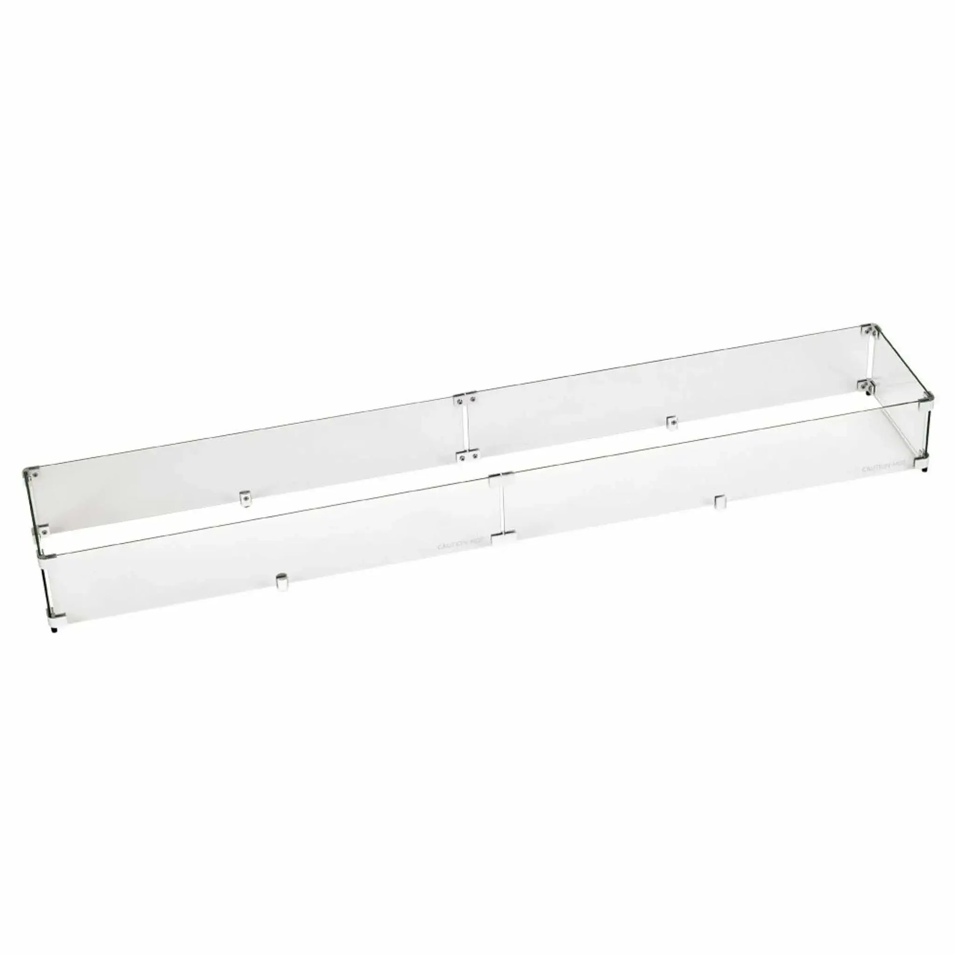 Long linear tempered glass wind guard constructed with clear glass panels and stainless mounting hardware, designed to sit around large rectangular fire pits for improved flame stability in windy conditions.