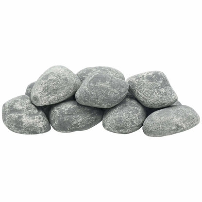 Full set of American Fire Products 12-piece Lite Cobble Stones in Cape Gray arranged in a stacked display, showcasing lightweight, rounded decorative fire pit stones with a natural gray finish for gas fireplaces and outdoor fire bowls.