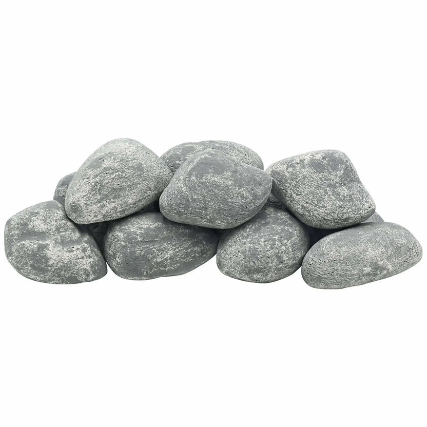 Full set of American Fire Products 12-piece Lite Cobble Stones in Cape Gray arranged in a stacked display, showcasing lightweight, rounded decorative fire pit stones with a natural gray finish for gas fireplaces and outdoor fire bowls.