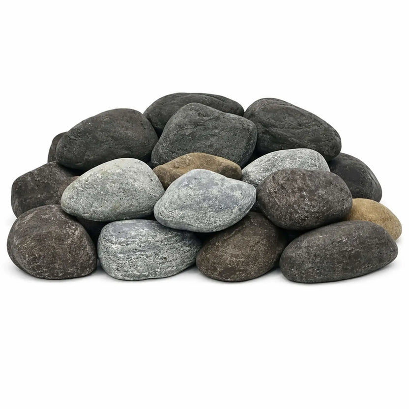 Combined display of American Fire Products Lite Cobble Stones in Cape Gray, Matte Black, Natural, and Thunder Gray finishes, showcasing multiple color options of lightweight decorative fire pit stones arranged together for comparison.