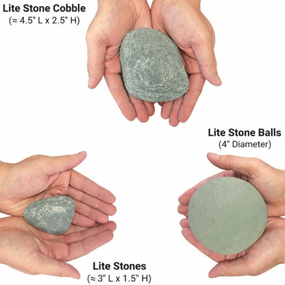 Size comparison image of American Fire Products Lite Stone Cobble and Lite Stone Balls shown in hand, highlighting approximate dimensions of 4.5-inch cobbles, 3-inch stones, and 4-inch diameter stone balls for fire pit media applications.