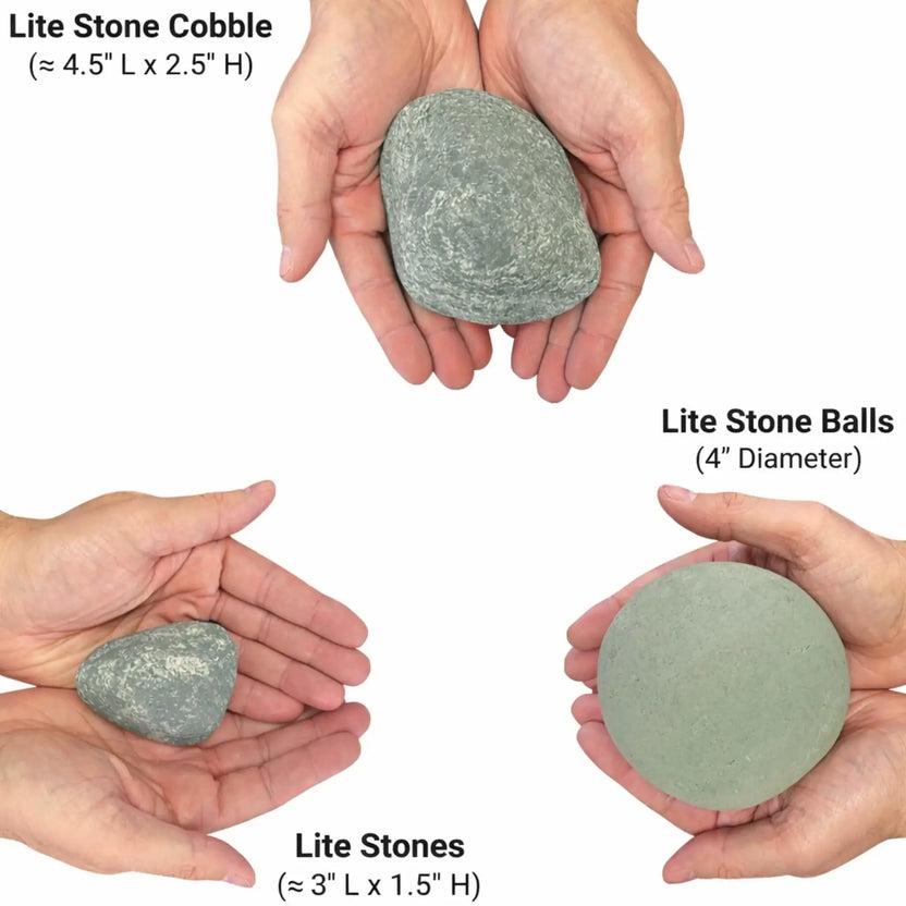 Size comparison image of American Fire Products Lite Stone Cobble and Lite Stone Balls shown in hand, highlighting approximate dimensions of 4.5-inch cobbles, 3-inch stones, and 4-inch diameter stone balls for fire pit media applications.