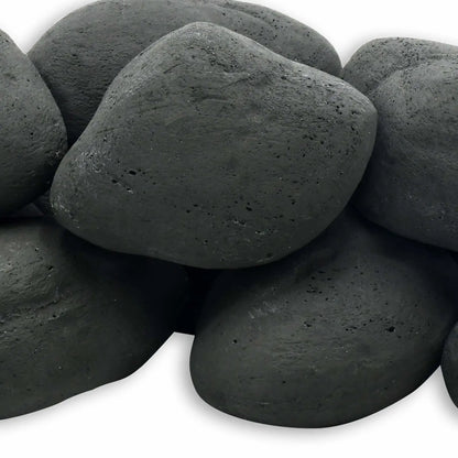 Detailed close-up of Matte Black Lite Cobble Stones by American Fire Products, featuring smooth, rounded fire media stones with a deep charcoal-black finish and subtle surface texture for modern gas fire pit installations.