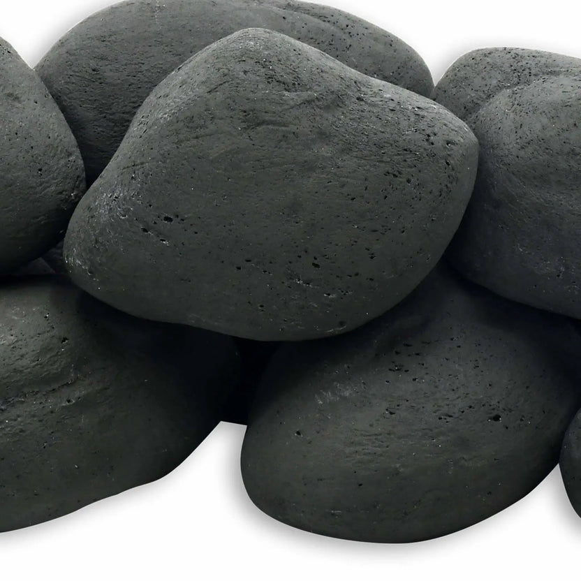 Detailed close-up of Matte Black Lite Cobble Stones by American Fire Products, featuring smooth, rounded fire media stones with a deep charcoal-black finish and subtle surface texture for modern gas fire pit installations.
