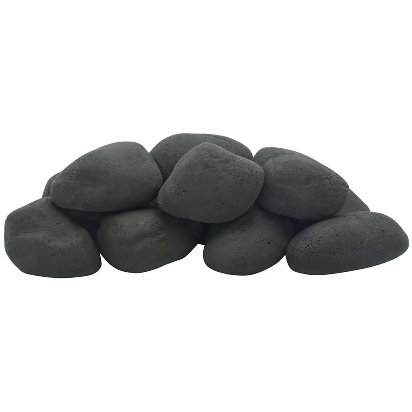 American Fire Products 12-piece Lite Cobble Stones in Matte Black displayed in a stacked arrangement, showing lightweight decorative fire pit stones with a rich black finish ideal for contemporary gas fireplaces and outdoor fire features.