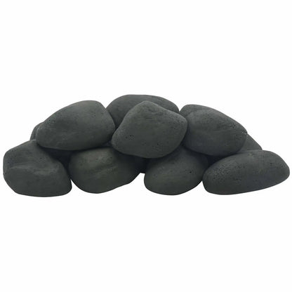 American Fire Products 12-piece Lite Cobble Stones in Matte Black displayed in a stacked arrangement, showing lightweight decorative fire pit stones with a rich black finish ideal for contemporary gas fireplaces and outdoor fire features.