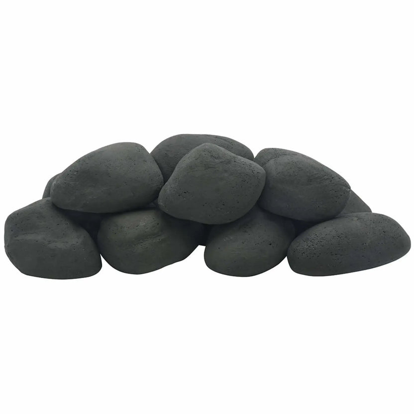 American Fire Products 12-piece Lite Cobble Stones in Matte Black displayed in a stacked arrangement, showing lightweight decorative fire pit stones with a rich black finish ideal for contemporary gas fireplaces and outdoor fire features.
