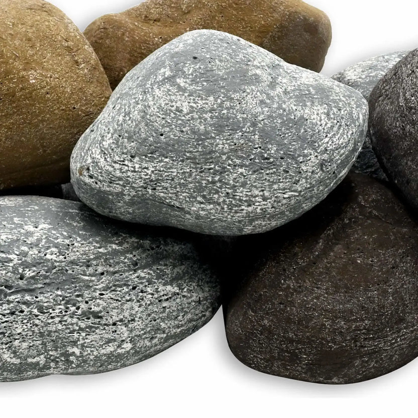 Close-up of Natural finish Lite Cobble Stones from American Fire Products, highlighting smooth, rounded decorative stones in warm tan and earthy brown tones designed for realistic gas fire pit and fireplace media.