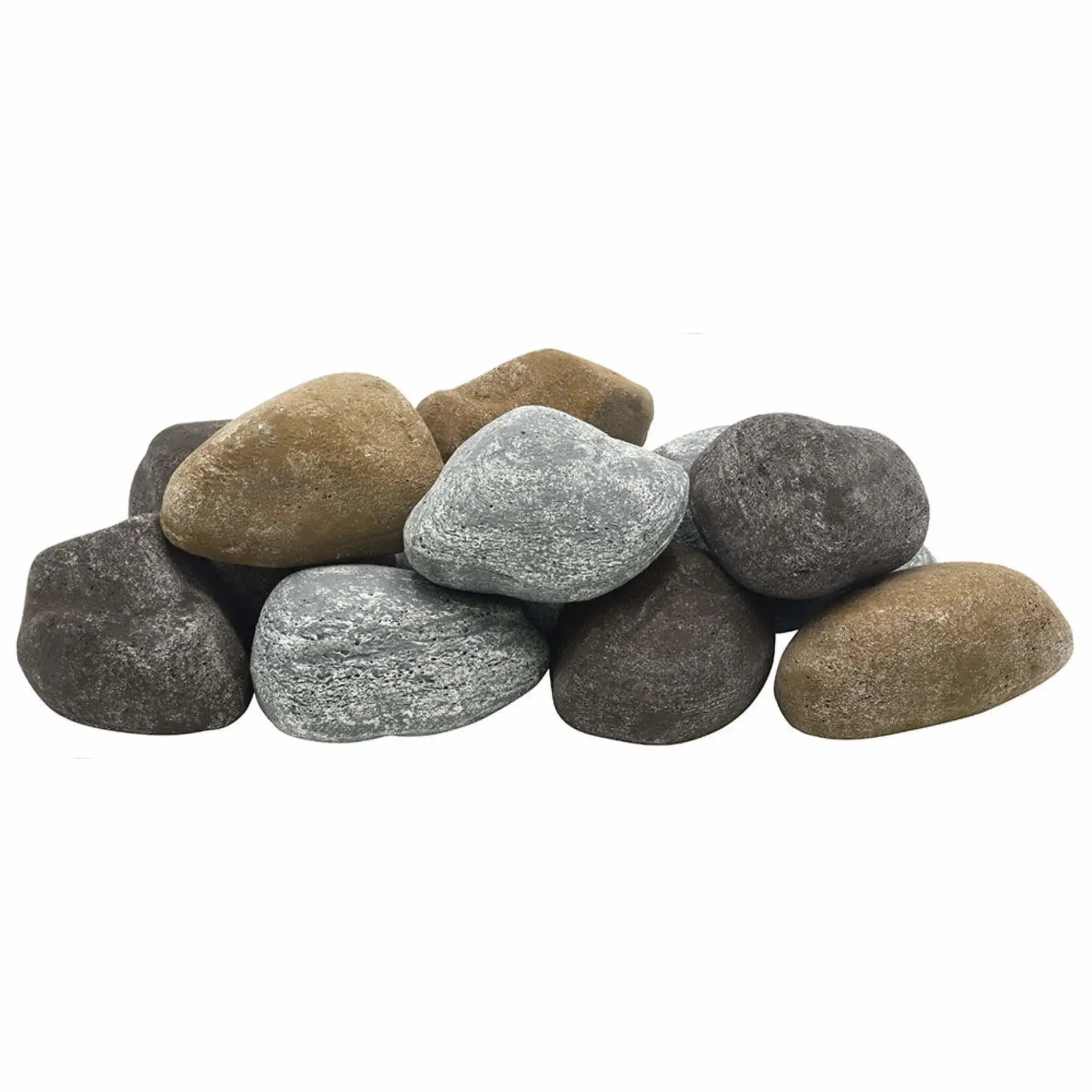 Complete set of American Fire Products Lite Cobble Stones in Natural color blend, arranged in a layered display showing mixed earthy tones of tan, brown, and gray for use as lightweight decorative media in gas fire pits and fireplaces.