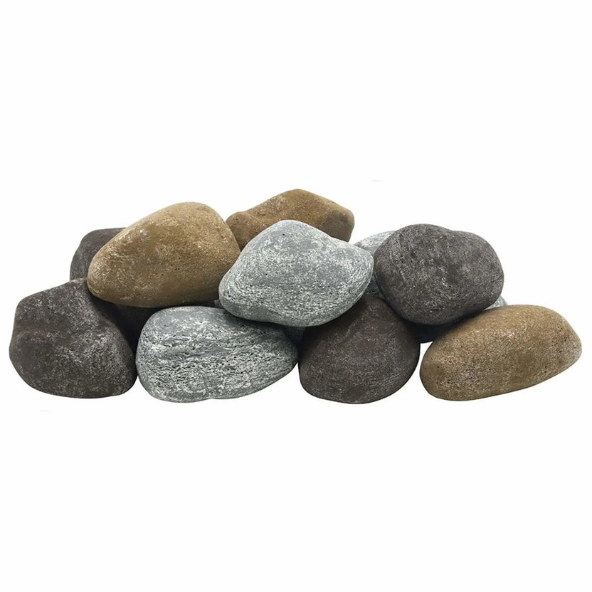 Complete set of American Fire Products Lite Cobble Stones in Natural color blend, arranged in a layered display showing mixed earthy tones of tan, brown, and gray for use as lightweight decorative media in gas fire pits and fireplaces.