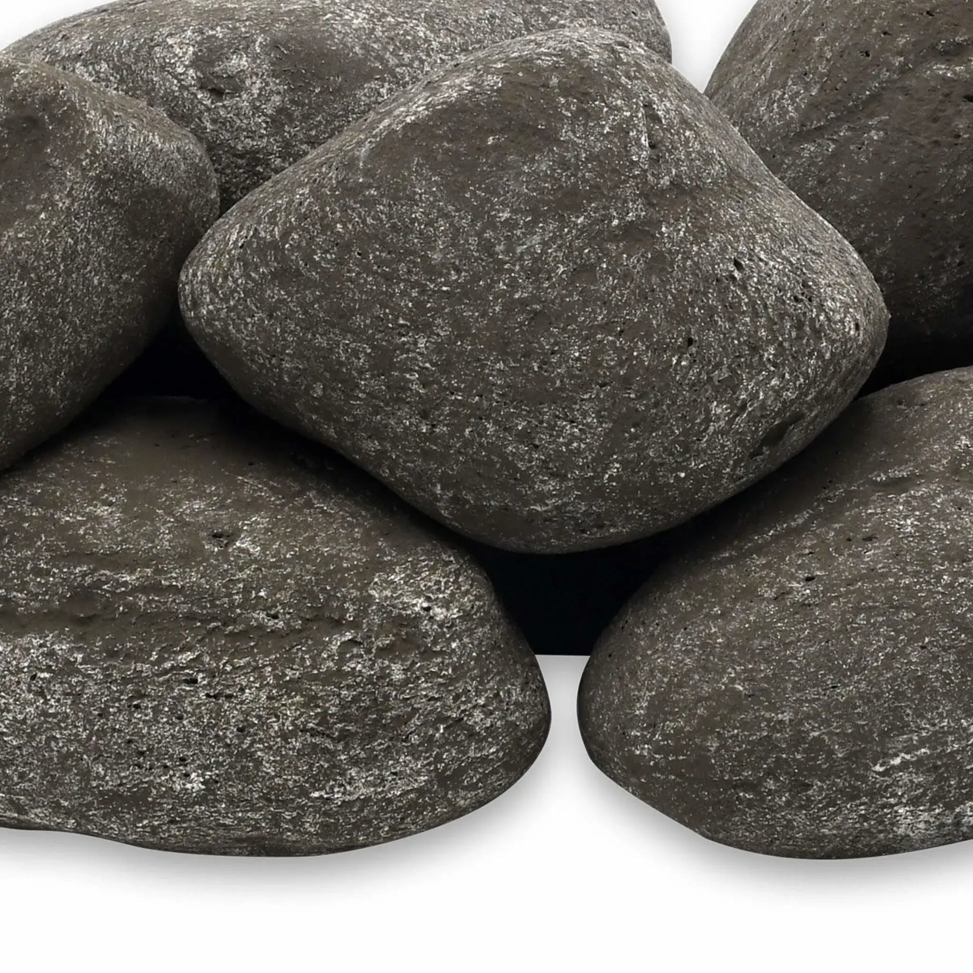 Close-up detail of Thunder Gray Lite Cobble Stones by American Fire Products, featuring smooth, rounded fire stones with a deep gray finish and light speckled texture for realistic gas fire pit presentations.