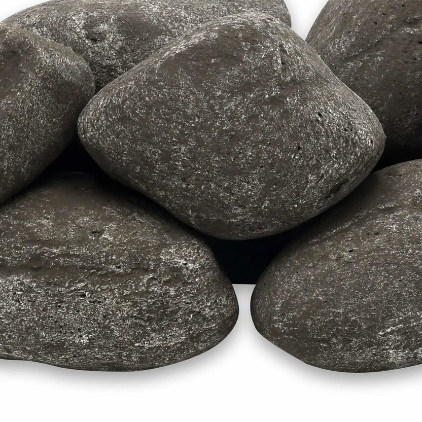 Close-up detail of Thunder Gray Lite Cobble Stones by American Fire Products, featuring smooth, rounded fire stones with a deep gray finish and light speckled texture for realistic gas fire pit presentations.