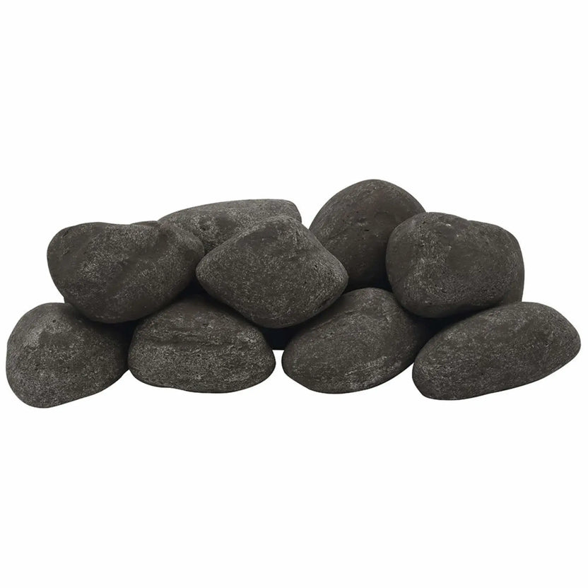 12-piece set of Thunder Gray Lite Cobble Stones from American Fire Products displayed in a stacked formation, showing dark gray decorative fire pit stones with natural texture for gas fireplaces and outdoor fire bowls.