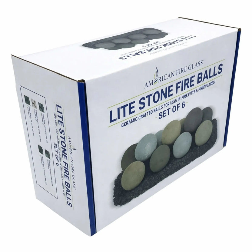White retail box for American Fire Glass “Lite Stone Fire Balls,” showing a photo of smooth stone-look fire balls and the text “Set of 6” on the front panel.