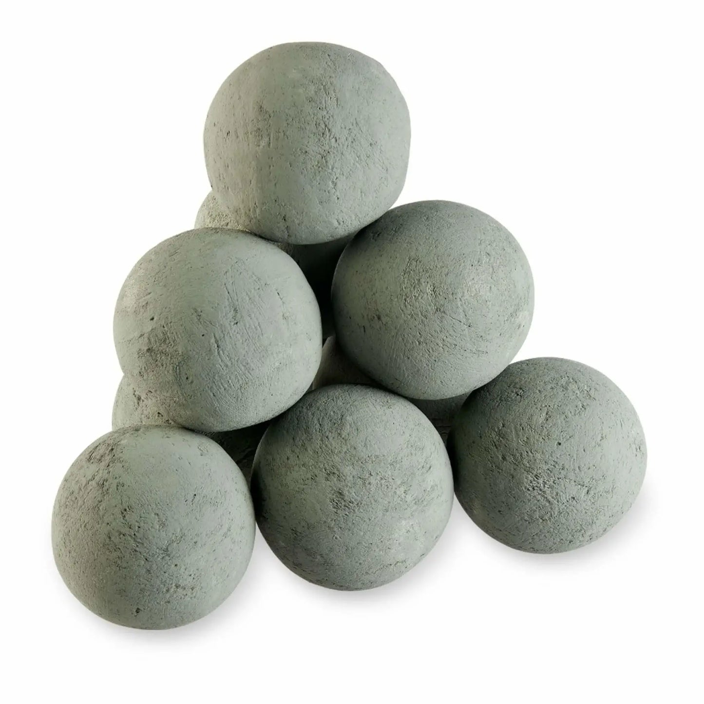 Pyramid-style stack of Cape Grey 4-inch lite-stone fire balls on a white background, highlighting the matte gray finish and natural stone-like texture.