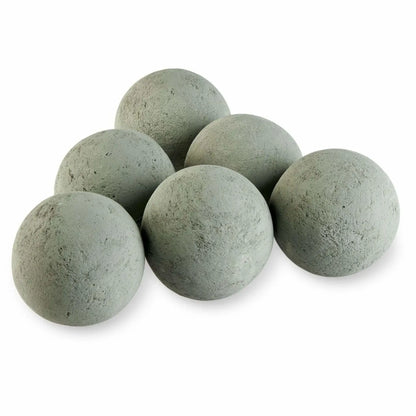 Set of six 4-inch Cape Grey lite-stone fire balls arranged on a white background, showing the soft gray color and slightly textured ceramic surface.
