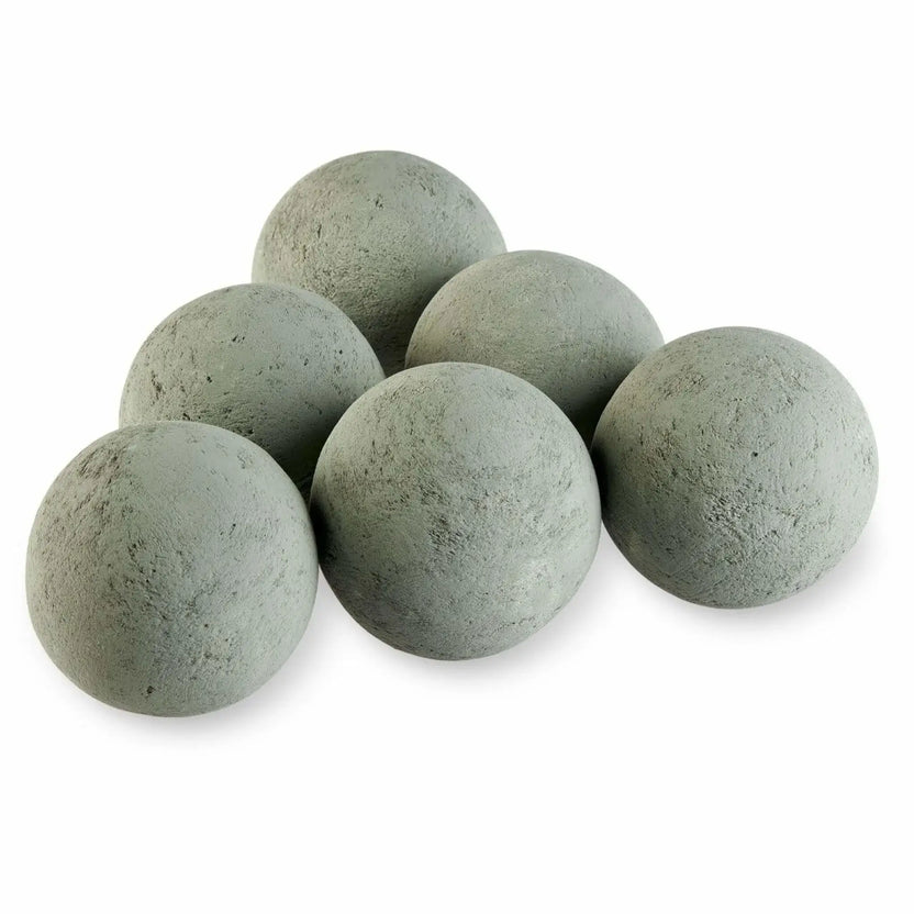 Set of six 4-inch Cape Grey lite-stone fire balls arranged on a white background, showing the soft gray color and slightly textured ceramic surface.