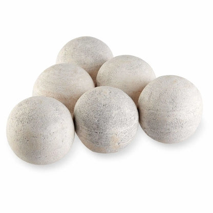 Set of six 4-inch Cottage White Lite Stone ceramic fire balls with a light cream, speckled stone finish, shown on a clean white background.