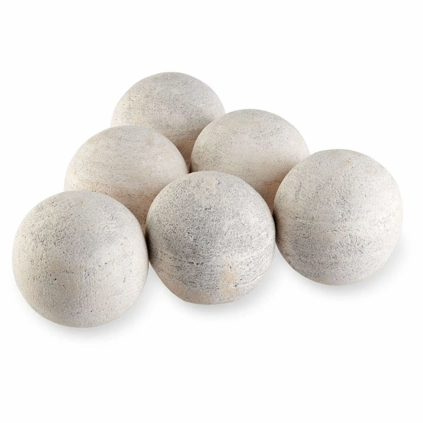 Set of six 4-inch Cottage White Lite Stone ceramic fire balls with a light cream, speckled stone finish, shown on a clean white background.