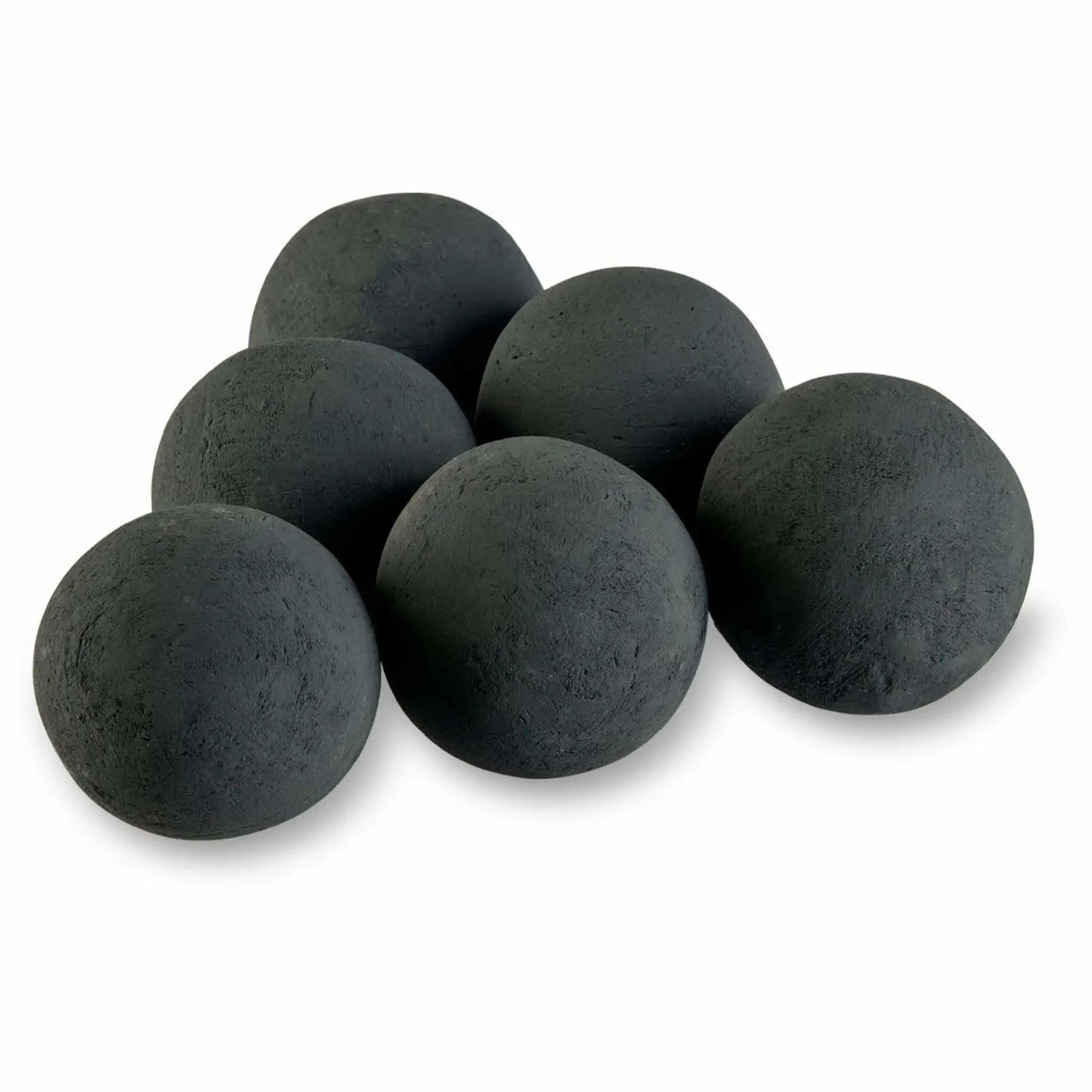 Set of six 4-inch Matte Black Lite Stone ceramic fire balls with a deep charcoal-black finish and subtle surface texture, photographed on a white background.