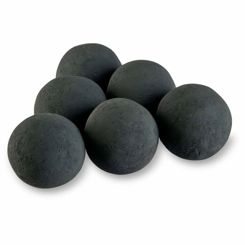Set of six 4-inch Matte Black Lite Stone ceramic fire balls with a deep charcoal-black finish and subtle surface texture, photographed on a white background.