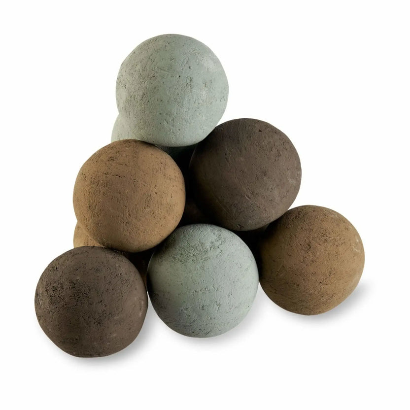 Pyramid stack of Natural Lite Stone 4-inch fire balls in mixed earth tones, highlighting the varied colors and organic stone-like texture against a white background.