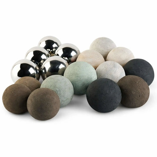 Mixed assortment of 4-inch Lite Stone fire balls in stainless steel, Cape Gray, Cottage White, Matte Black, Natural, and Thunder Gray finishes, displayed together to showcase available color options.