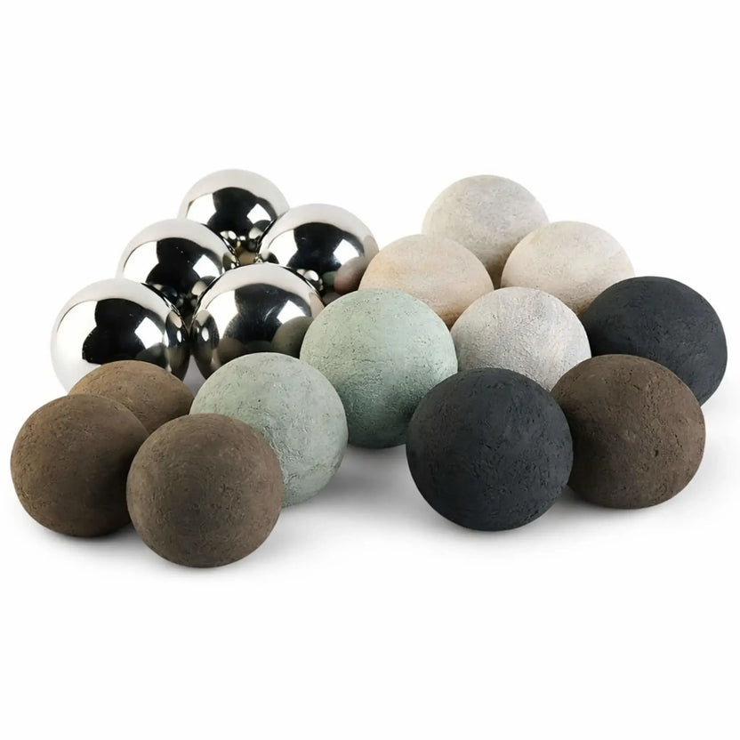 Mixed assortment of 4-inch Lite Stone fire balls in stainless steel, Cape Gray, Cottage White, Matte Black, Natural, and Thunder Gray finishes, displayed together to showcase available color options.