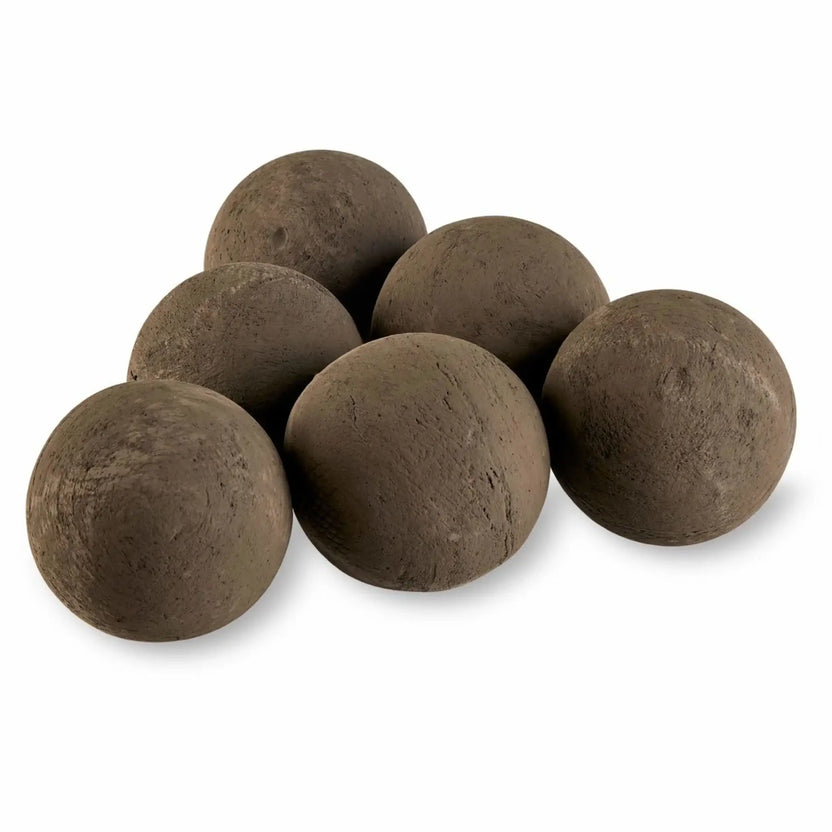 Thunder Gray 4 inch lite stone fire balls displayed on a white background, featuring a smooth yet natural concrete texture designed for use in gas fire pits and outdoor fire features.