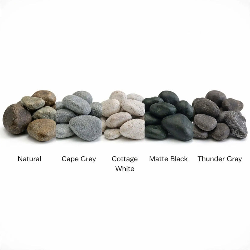 Side-by-side comparison of American Fire Products Lite Stones in Natural, Cape Gray, Cottage White, Matte Black, and Thunder Gray, highlighting color differences and stone finishes for gas fire pit customization.