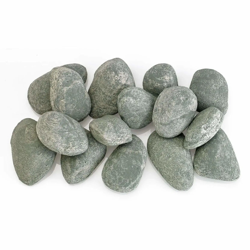 Top-down view of Cape Gray Lite Stones by American Fire Products, displaying smooth rounded shapes, natural stone texture, and consistent gray coloring designed for use in gas fire pits and fireplaces.