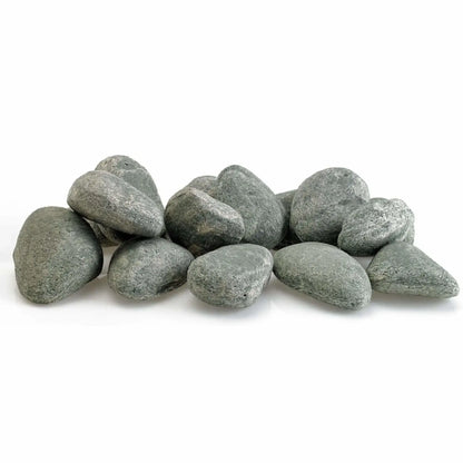 Cape Gray Lite Stones by American Fire Products arranged in a natural pile, featuring smooth, rounded fire pit stones with a soft gray tone and subtle stone texture designed for gas fire features.