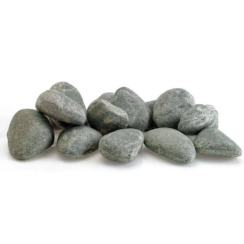 Cape Gray Lite Stones by American Fire Products arranged in a natural pile, featuring smooth, rounded fire pit stones with a soft gray tone and subtle stone texture designed for gas fire features.
