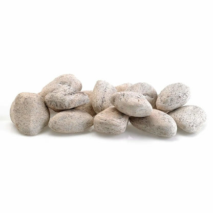 Cottage White Lite Stones by American Fire Products arranged in a loose pile, featuring light off-white tones with subtle speckling and smooth stone surfaces for gas fire pits and fire tables.