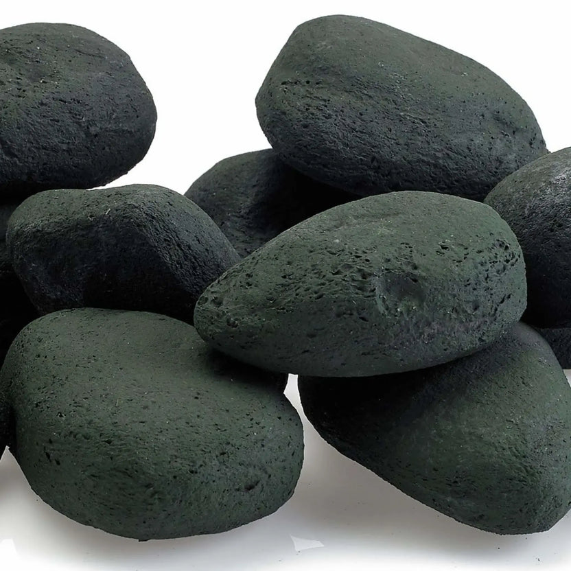 Close-up view of Matte Black Lite Stones by American Fire Products showing porous stone texture, rounded edges, and a rich matte black color ideal for modern gas fire features.