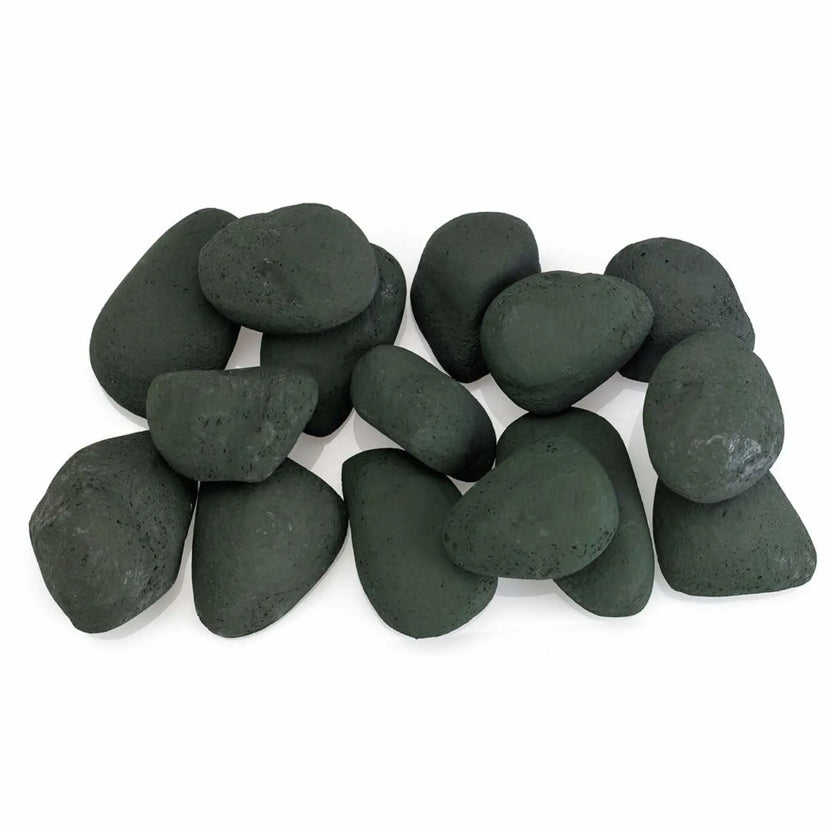 Top view of Matte Black Lite Stones by American Fire Products arranged across a linear fire pit burner, showing smooth rounded shapes, consistent spacing, and a deep matte black finish.