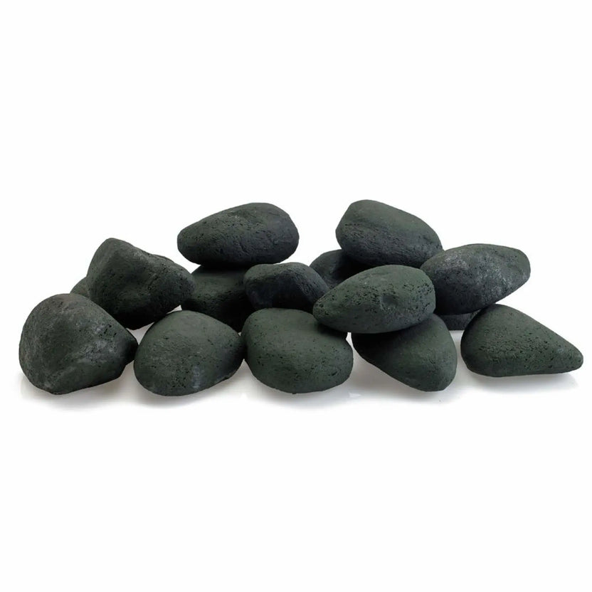 Matte Black Lite Stones by American Fire Products arranged in a natural pile, featuring smooth rounded fire pit stones with a deep charcoal black finish designed for gas fire pits and fireplaces.