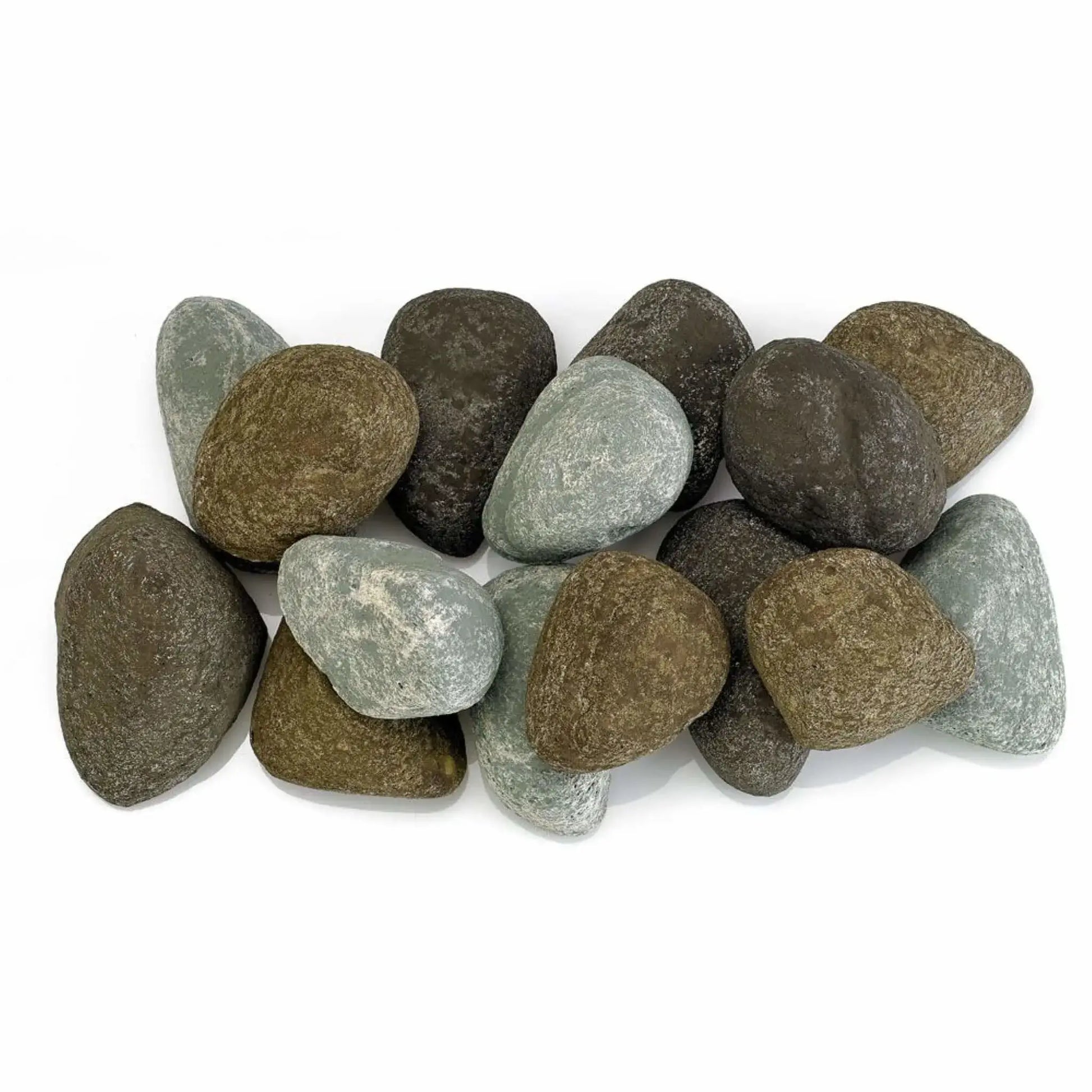 Top view of Natural Lite Stones by American Fire Products arranged across a linear fire pit burner, featuring a blend of brown, gray, and soft blue-gray stones with smooth rounded shapes.