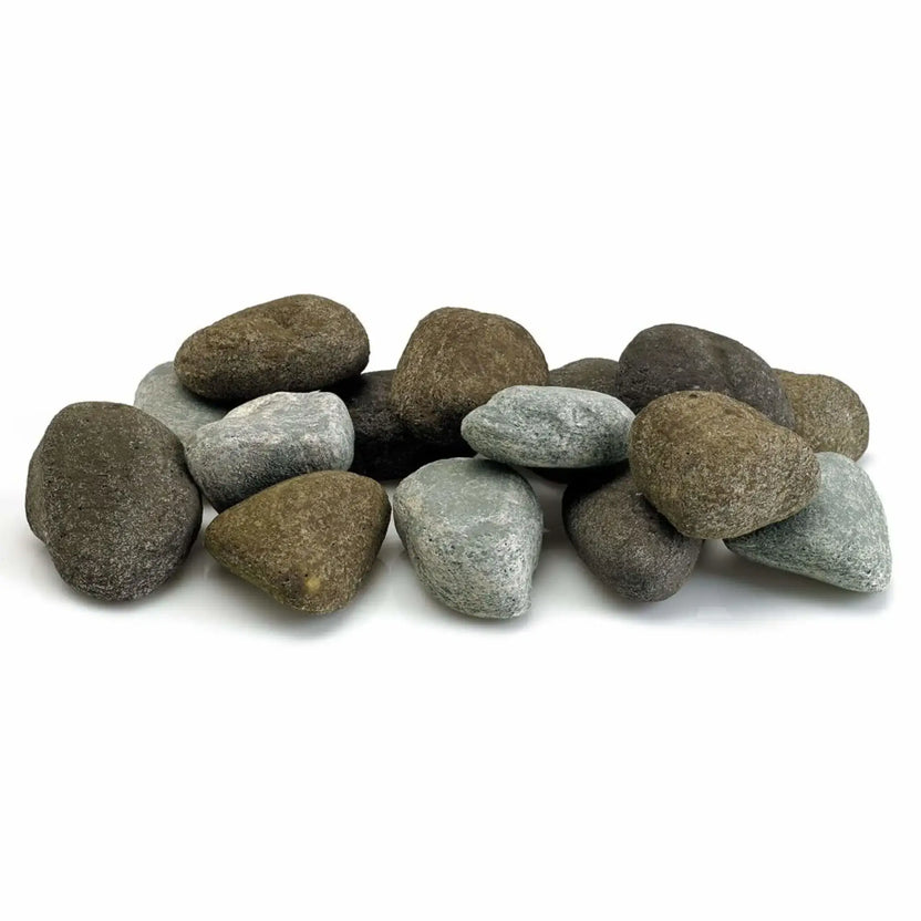 Natural Lite Stones by American Fire Products displayed in a mixed pile, featuring varied earth-tone colors including brown, gray, and taupe with smooth rounded shapes for gas fire pits.