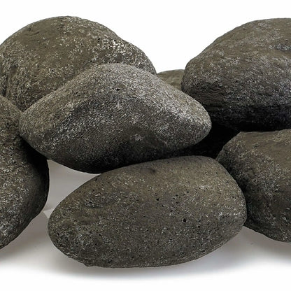 Close-up of Thunder Gray Lite Stones by American Fire Products highlighting rich dark gray color, natural stone texture, and rounded edges ideal for contemporary gas fire features.